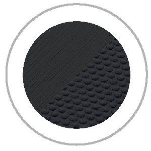 Black circle divided diagonally, with textured surfaces: diagonal weave and small bumps, within a gray circle border.