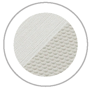 Circular fabric sample with two textures: ribbed and dimpled, both light gray.