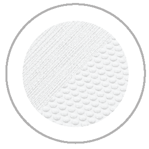 White circular fabric sample, half textured diagonal weave, half small bubble pattern.