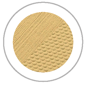 Circular graphic with two textured sections: diagonally striped and dimpled, both tan-colored.