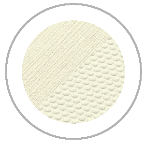 Cream-colored circular textile sample with textured halves: diagonally-lined and scaled patterns.