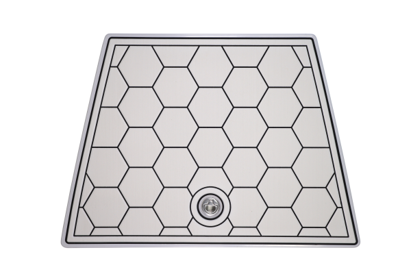 White honeycomb-patterned boat deck with dark outlines and a centered drain.