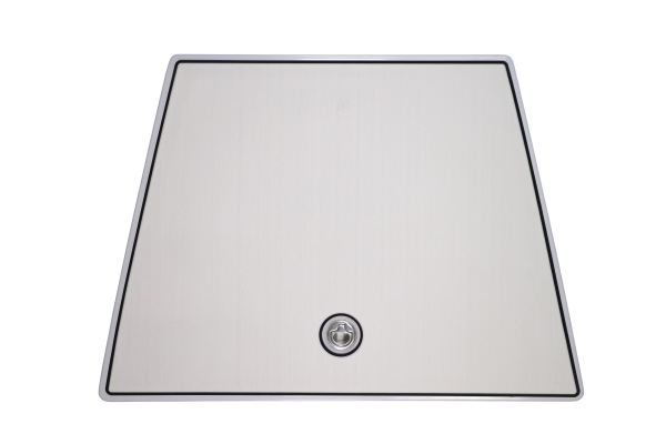 White, trapezoid-shaped boat hatch with black gasket and center lock.
