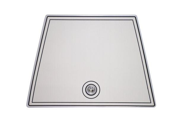 Silver, trapezoid-shaped boat hatch with a black border, centered lock, and white background.