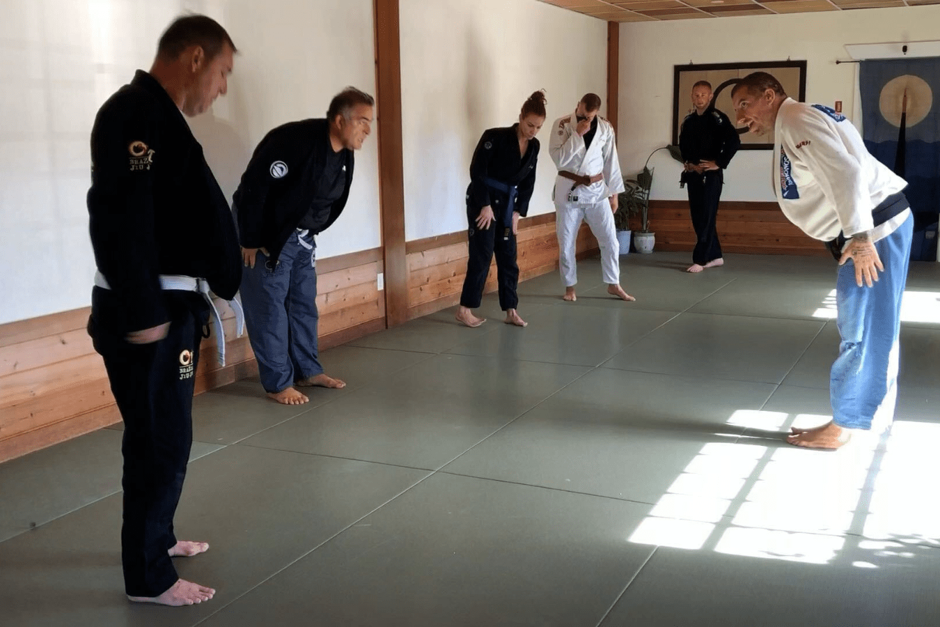 Beginners drilling Brazilian Jiu-Jitsu at OM Brazilian Jiu JItsu & Judo in Northport, NY for safe confidence building