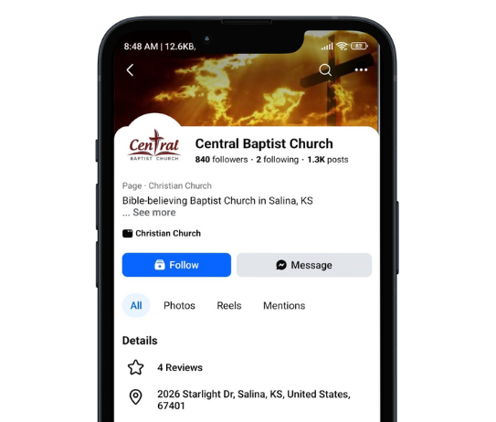 Facebook profile for Central Baptist Church in Salina, KS, showing a follow button and address.
