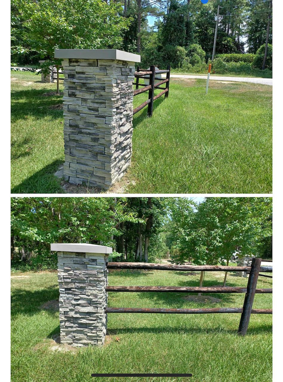 Two pictures of a stone pillar and a wooden fence in a grassy field.