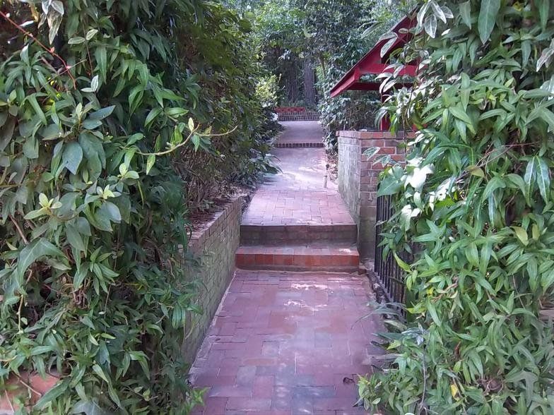 A brick walkway is surrounded by trees and bushes