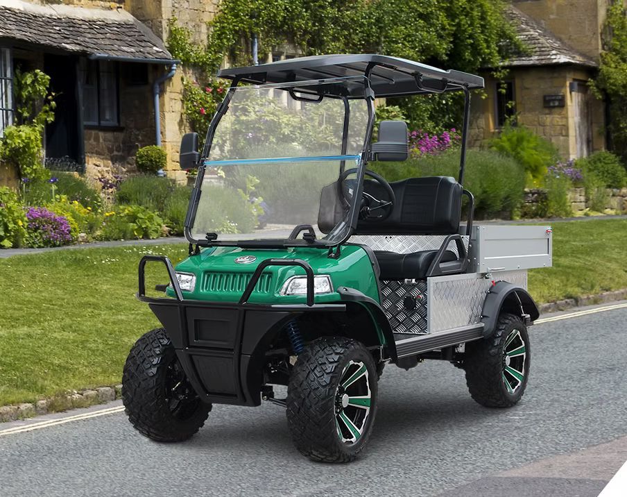 A green golf cart is parked on the side of the road in front of a house.