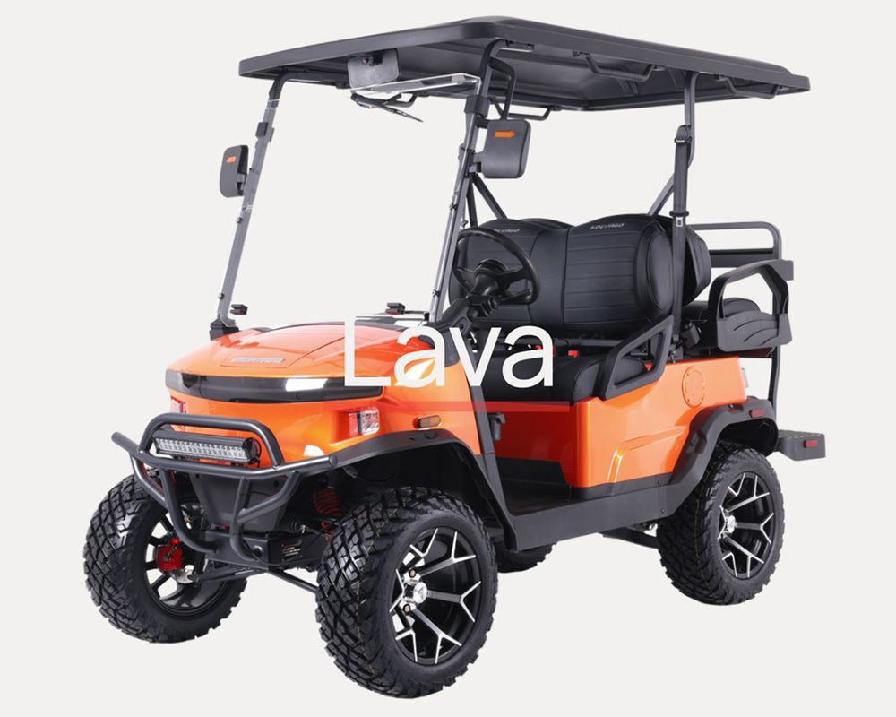 A golf cart with a canopy is parked on the side of a road.