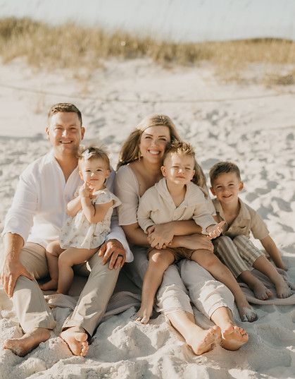 A family is sitting on a blanket on the beach.