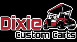 The logo for dixie custom carts shows a golf cart on a black background.