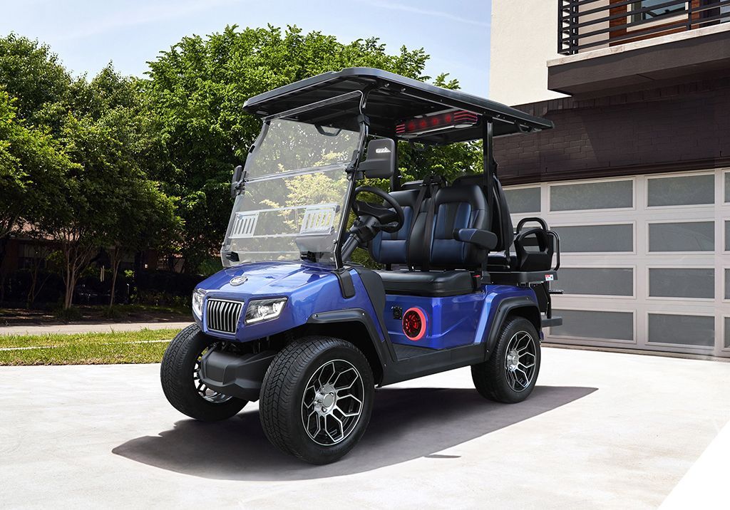 A blue golf cart is parked in front of a garage door.