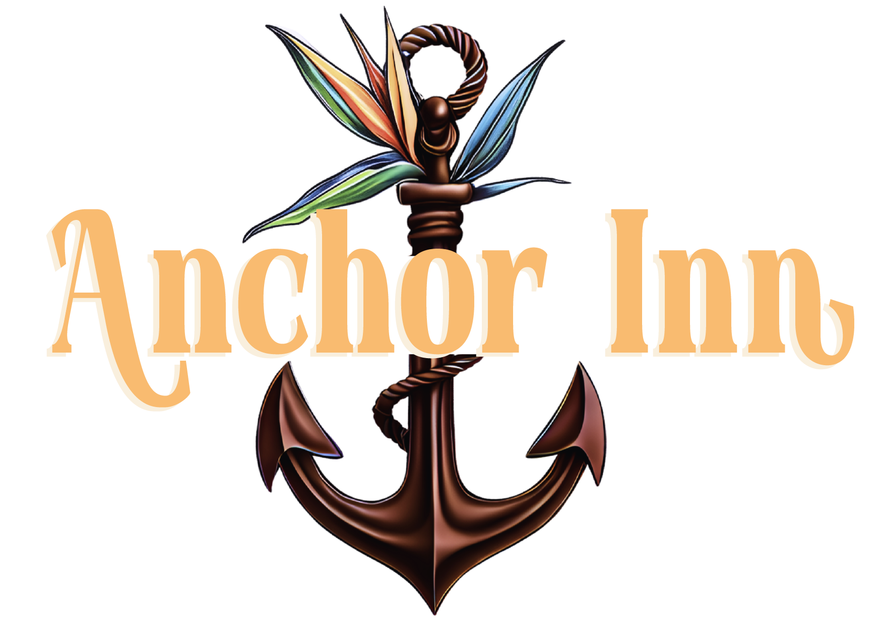 Anchor Inn logo with a brown anchor and tropical flower with text in coral.