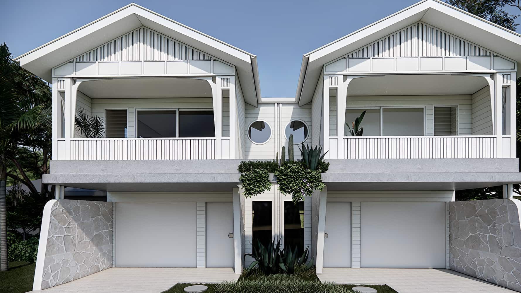 A Couple Of White Houses With Balconies And Garages — DeBu Studios In Russell Vale, NSW