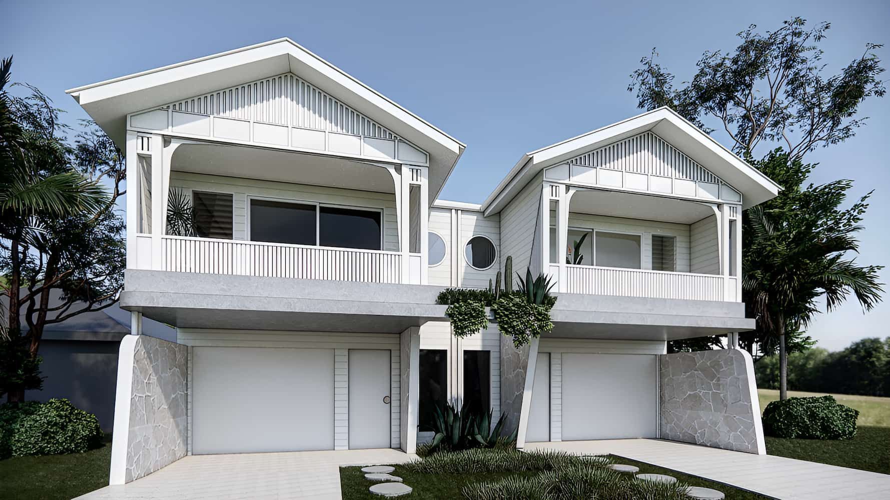 A Couple Of White Houses Are Sitting Next To Each Other On A Lush Green Lawn. — DeBu Studios In Illawarra, NSW