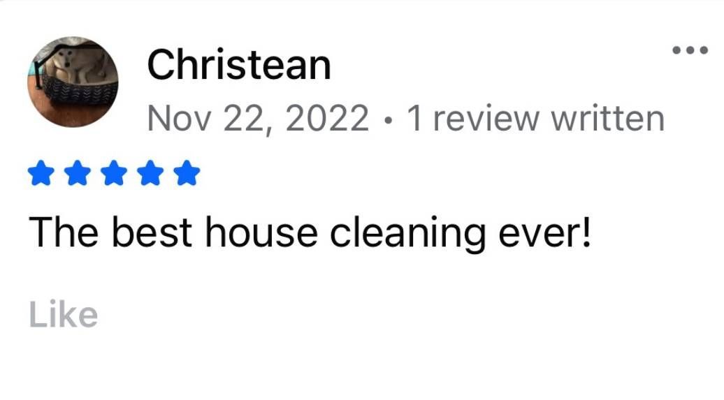 A review by Christean, rating 5 stars for the best house cleaning service.