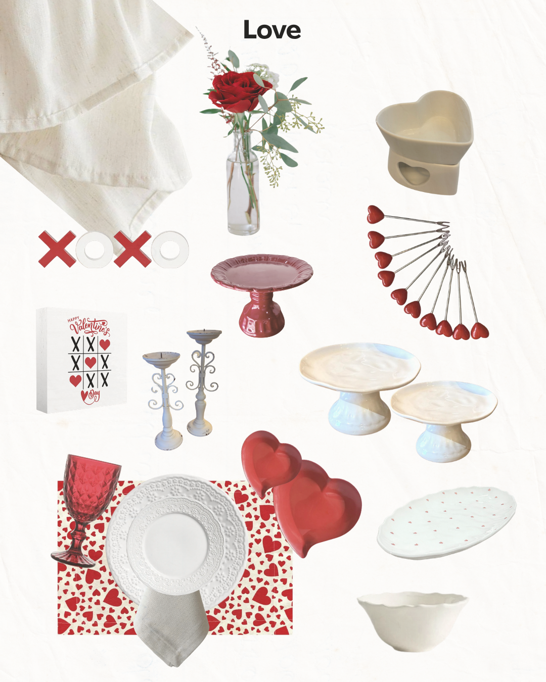 Conjunto variado de louça e decoração com tema de Dia dos Namorados