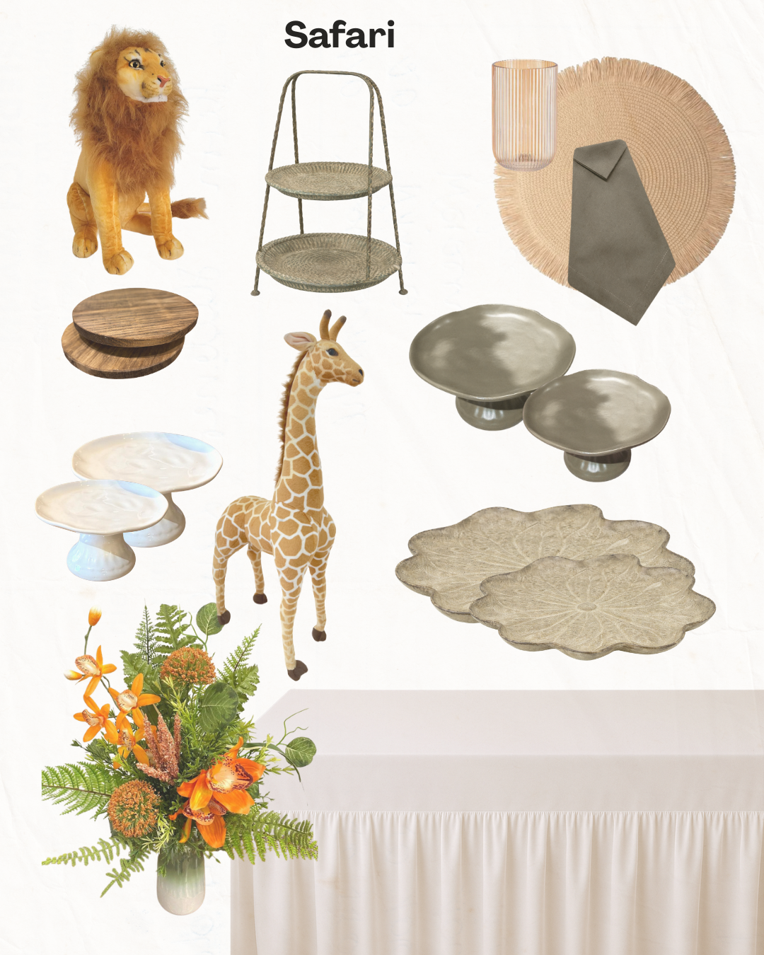 Decoração com tema de safári, com leão, girafa, detalhes em dourado, pratos, travessas e arranjo floral.