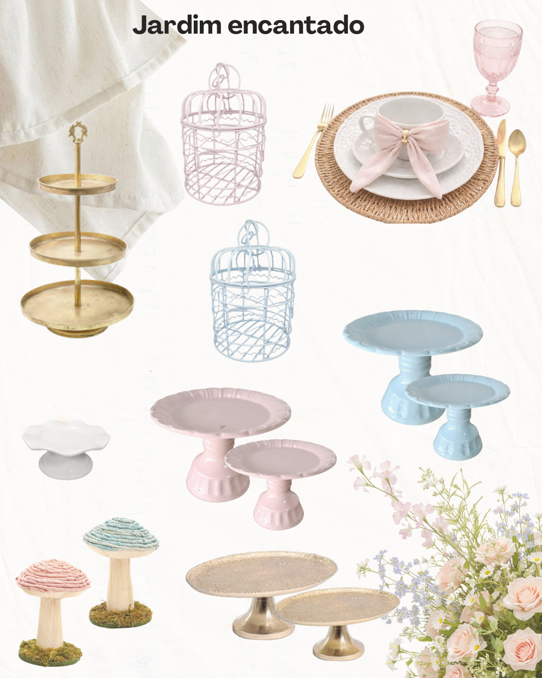 Suportes para sobremesas em tons pastel e gaiolas de arame para pássaros, dispostos em um tema lúdico de jardim encantado.
