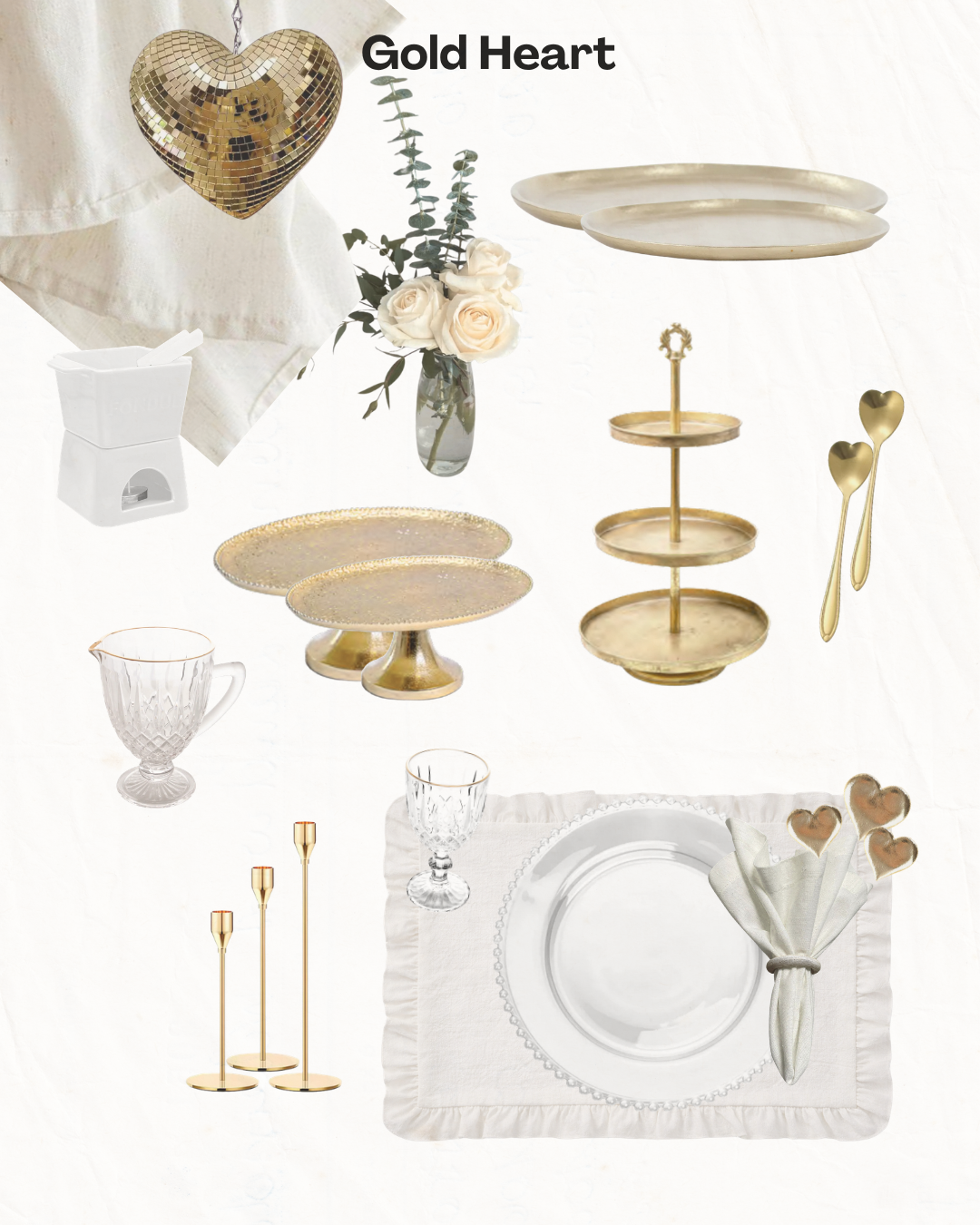 Conjunto de mesa e decoração em dourado e branco com tema de coração