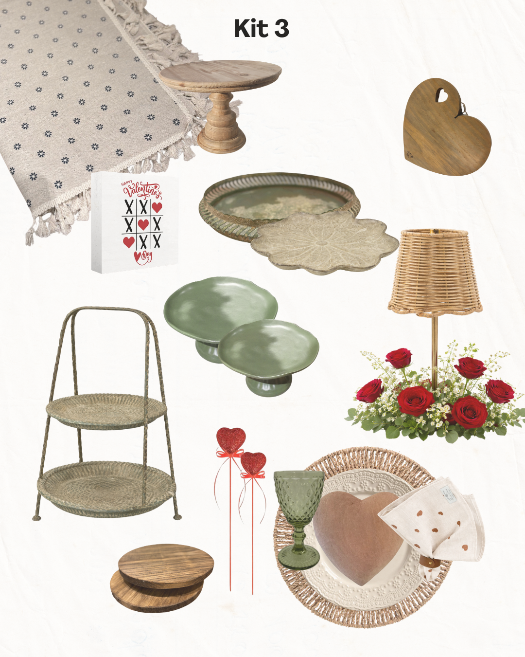 Kit de decoração vintage variado para casa com bandejas, cestos, luminária, flores, pratos e cartões sobre fundo branco.