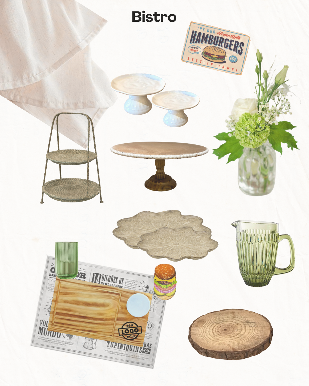 Conjunto de itens decorativos rústicos variados: