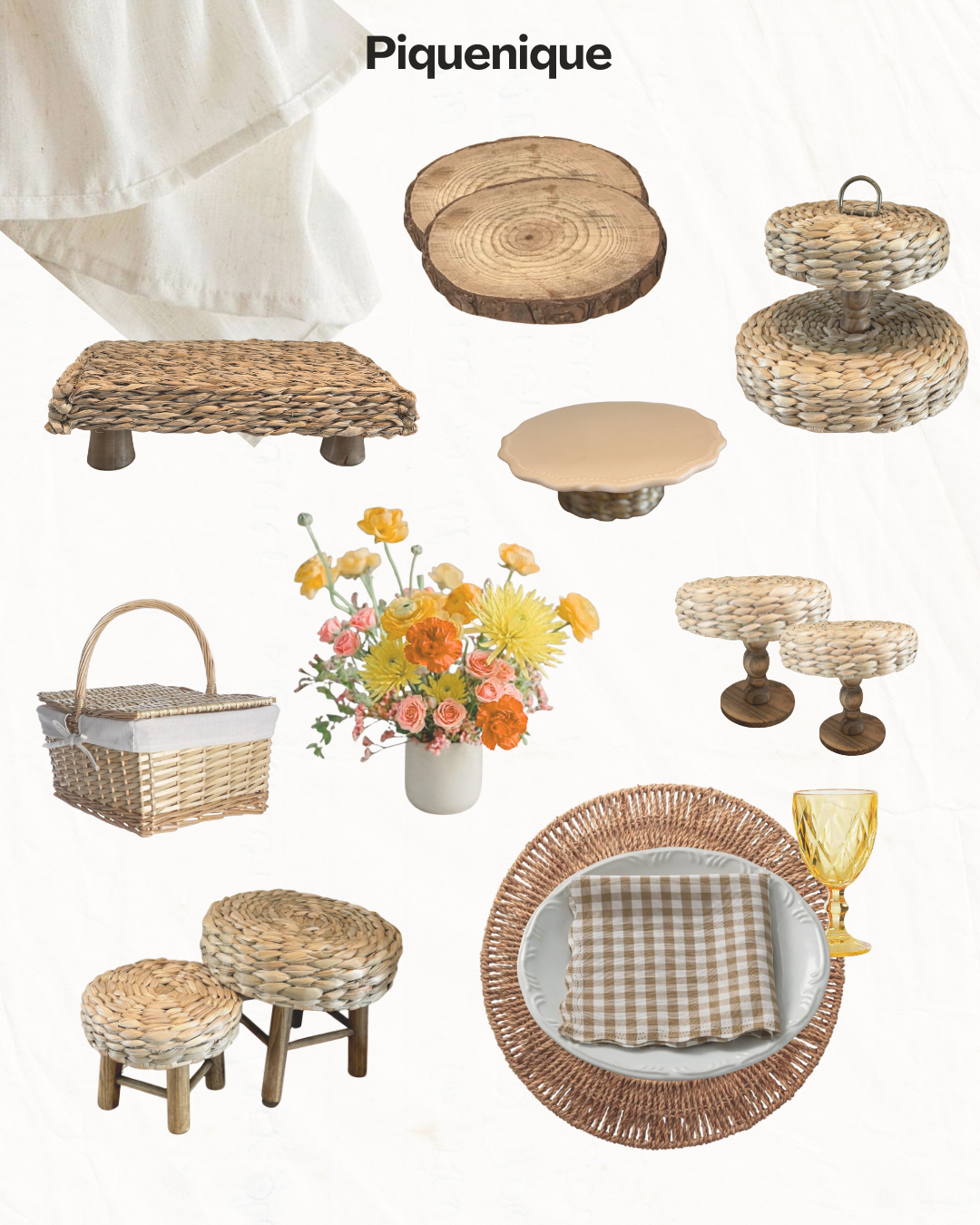 Conjunto variado de móveis e decoração de piquenique em vime com a inscrição 