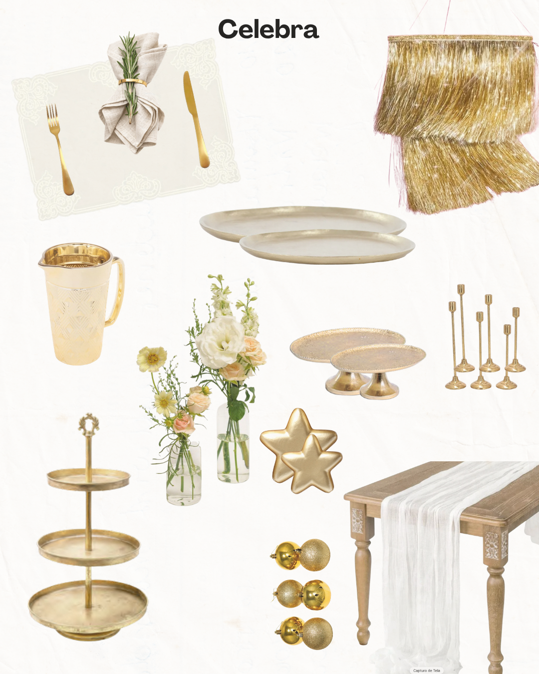 Colagem de decoração e utensílios de mesa para festas em tons de dourado e creme, 
