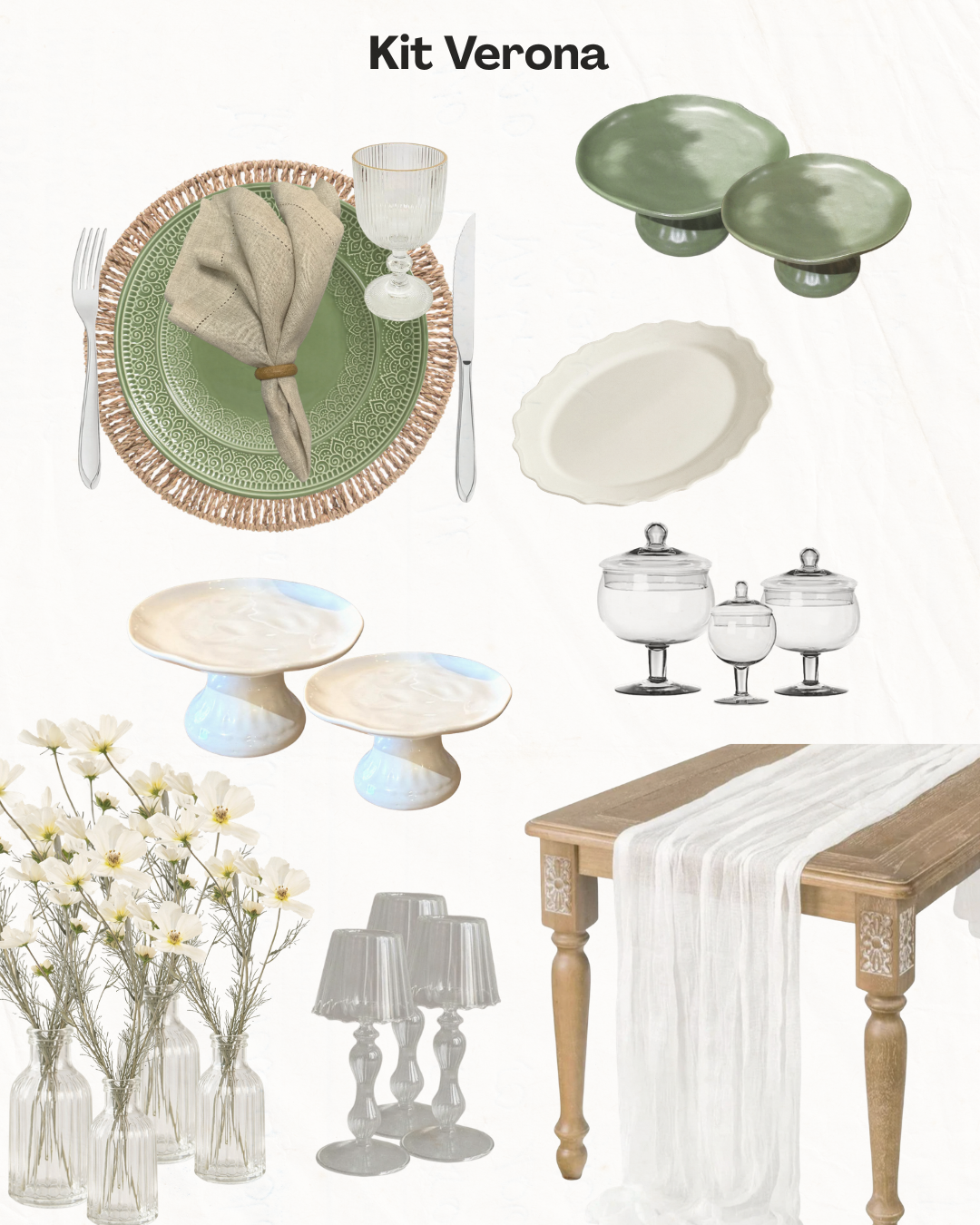 Conjunto de louça Kit Verona em verde, creme e branco, composto por pratos, tigelas, vasos e um caminho de mesa.