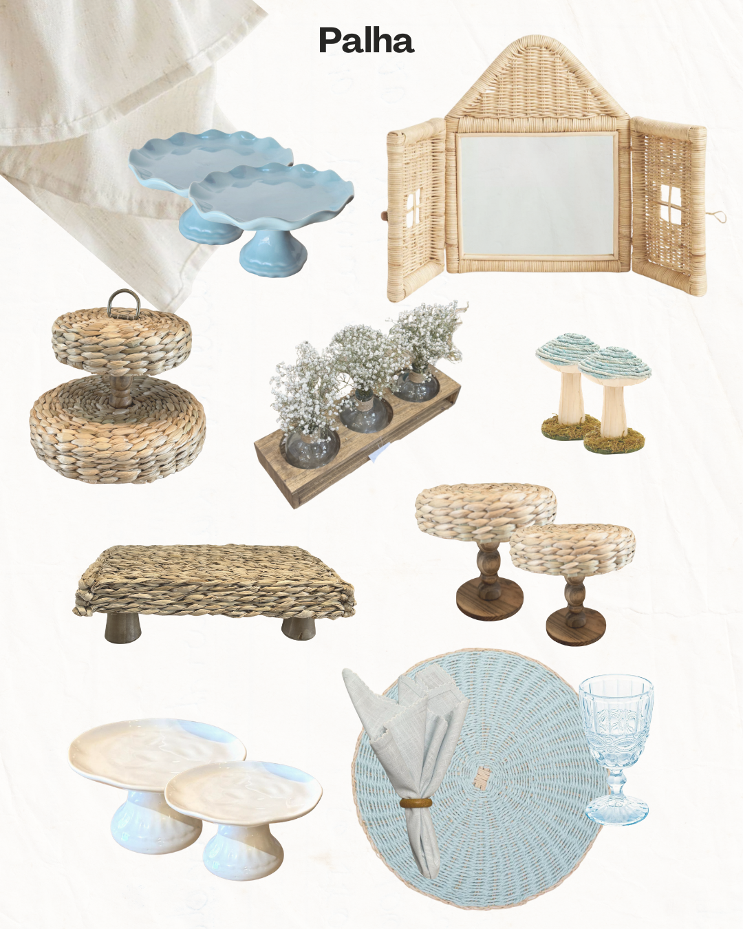 Colagem de móveis e decoração rústicos de palha trançada em tons de bege e azul.