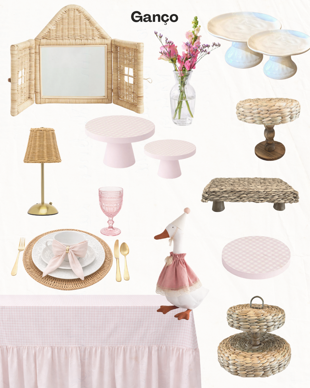 Colagem decorativa em vime e tons pastel com candeeiros de mesa, bandejas, suportes para bolos, vasos e cestos.