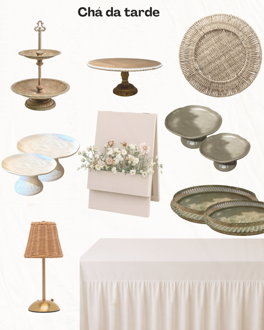 Mesa de chá da tarde com suportes para bolos, bandejas, pratos, guardanapos, luminária 