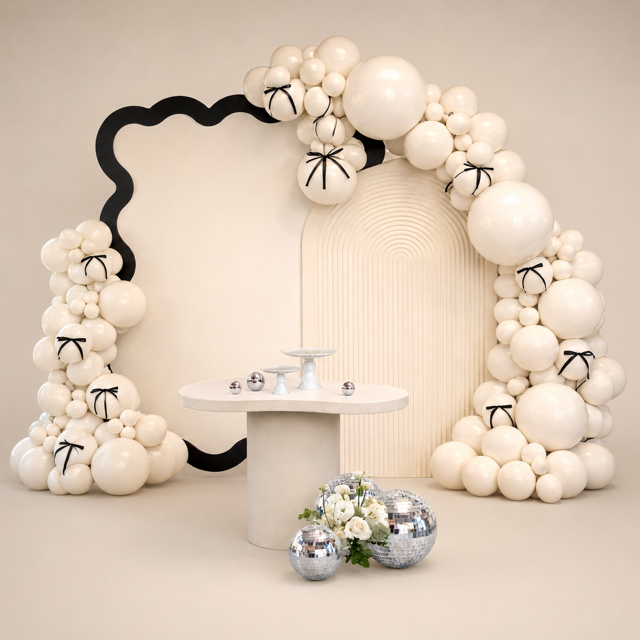 Um arco de balões creme e um painel de fundo branco 