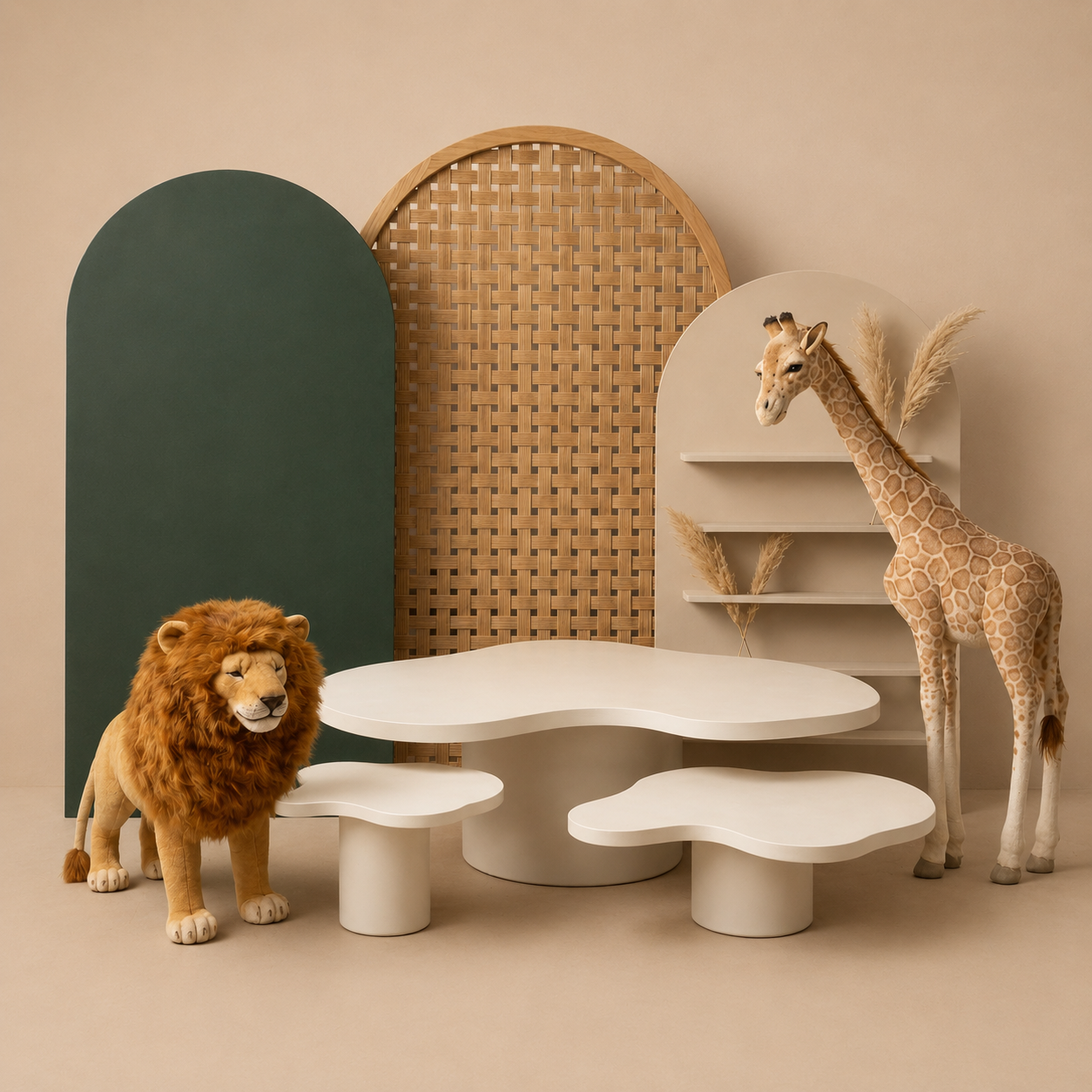 Cena de safári em miniatura com leão, girafa e mesas curvas brancas contra fundos verdes e trançados.