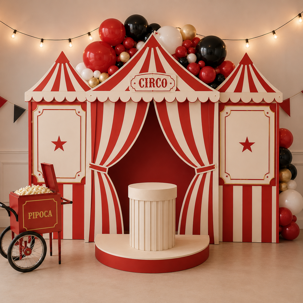 Cenário de festa circense em vermelho e branco com balões, painéis de tenda listrados e um pequeno palco com pedestal.