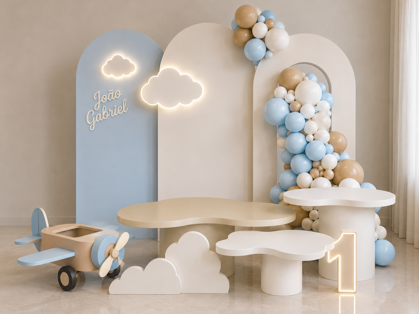 Decoração de festa de aniversário de um ano com tema de nuvens azuis e brancas