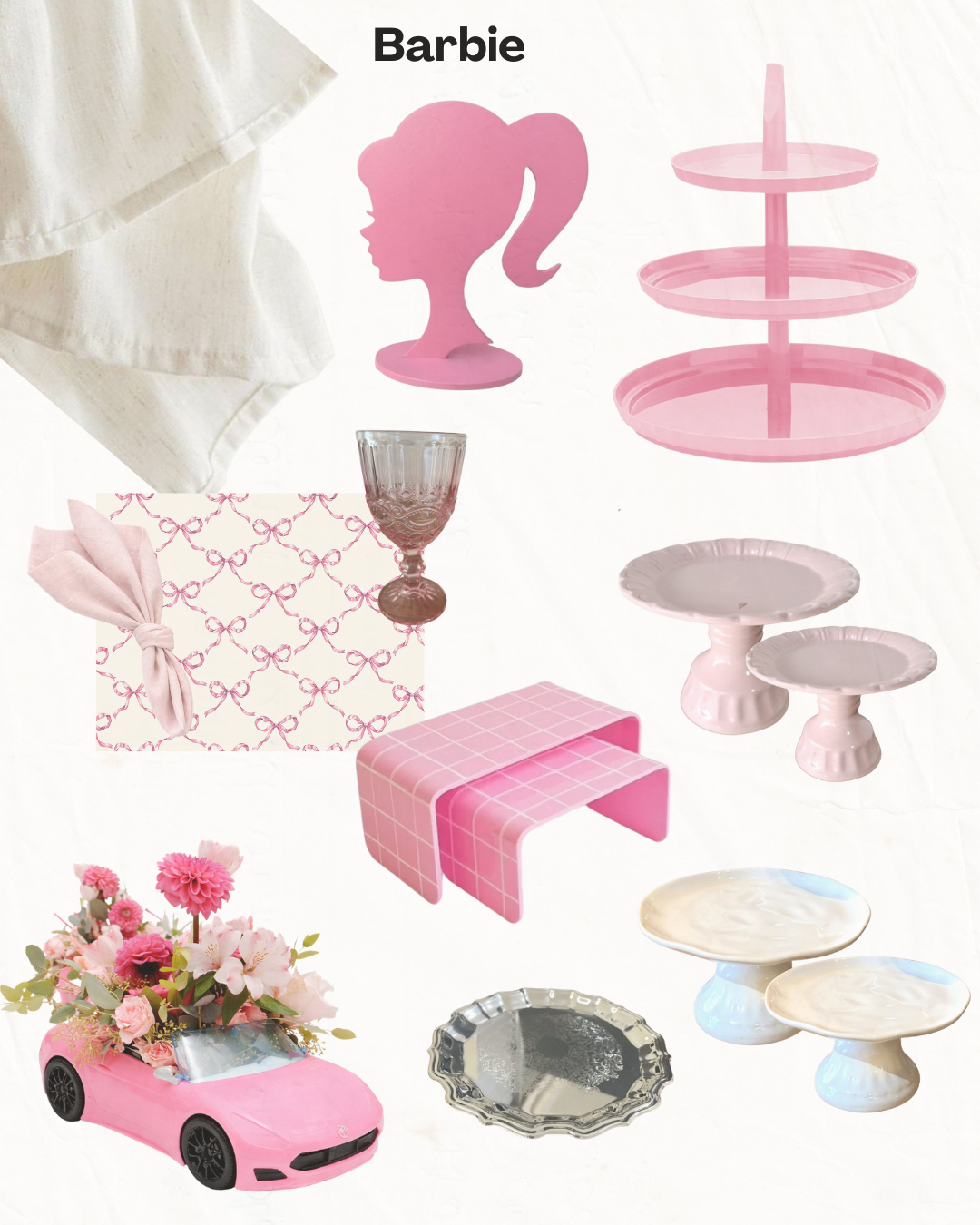 Colagem de acessórios e móveis para bonecas Barbie rosa sobre fundo branco.