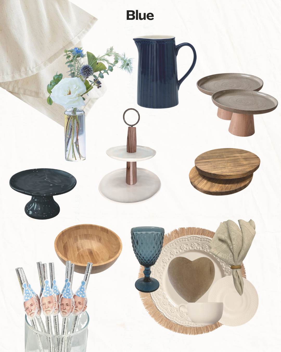 Coleção de louça e decoração em tons de azul, incluindo jarra, pratos, tigelas, velas e detalhes florais.