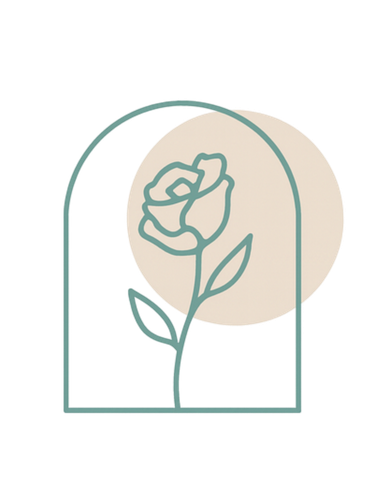 Rosa desenhada à mão dentro de um arco verde, com um círculo bege suave ao fundo.