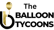 A logo for the balloon tycoons with a gold balloon in the middle.