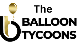 A logo for the balloon tycoons with a gold balloon in the middle.