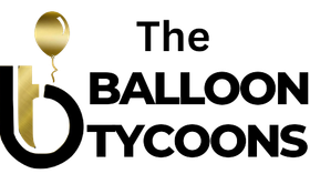 A logo for the balloon tycoons with a gold balloon in the middle.