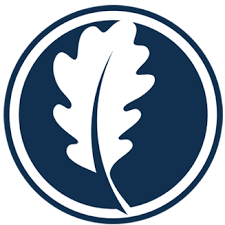 A white leaf in a blue circle on a white background