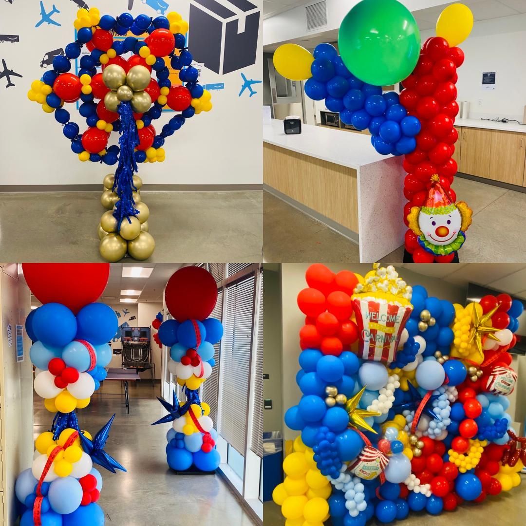 A collage of balloons including a clown and popcorn