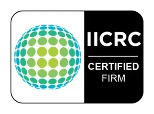 IICRC Certified Firm logo with teal and green globe icon on black and white background