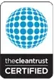 The Clean Trust Certified logo with blue globe dots and black-and-white text