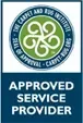 Blue circular logo with gold border and white text reading “Approved Service Provider”