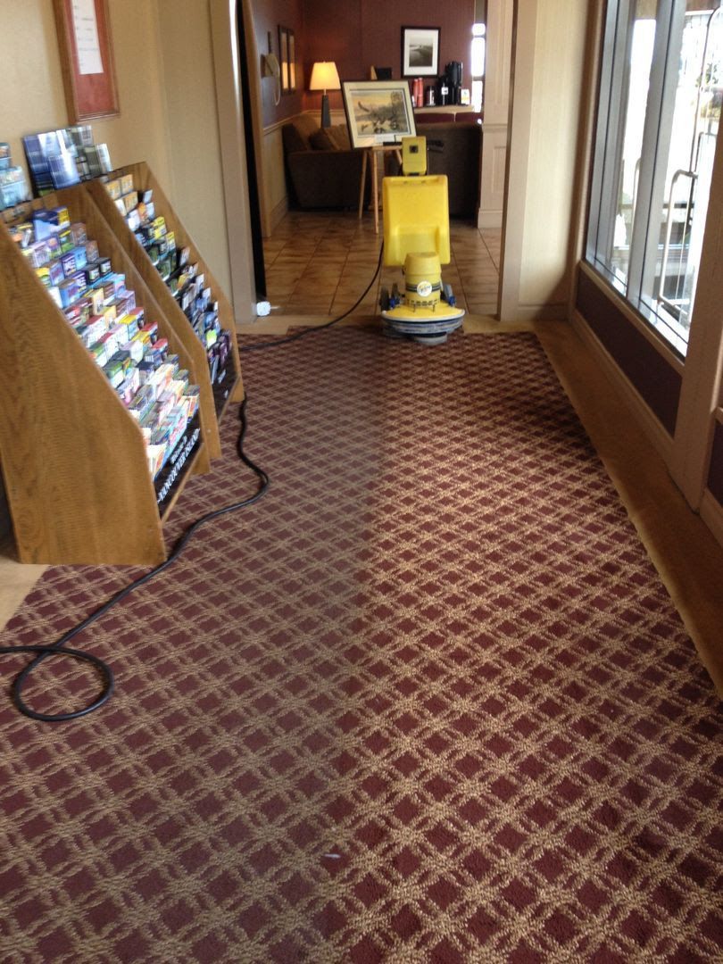 Blue floor squeegee on a hallway carpet, cleaning a long light-colored corridor
