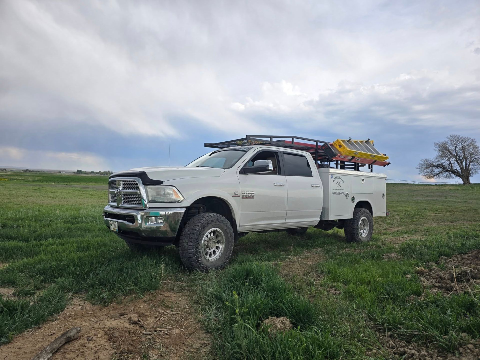 White work truck with roof rack, parked in a grassy field under a cloudy sky.